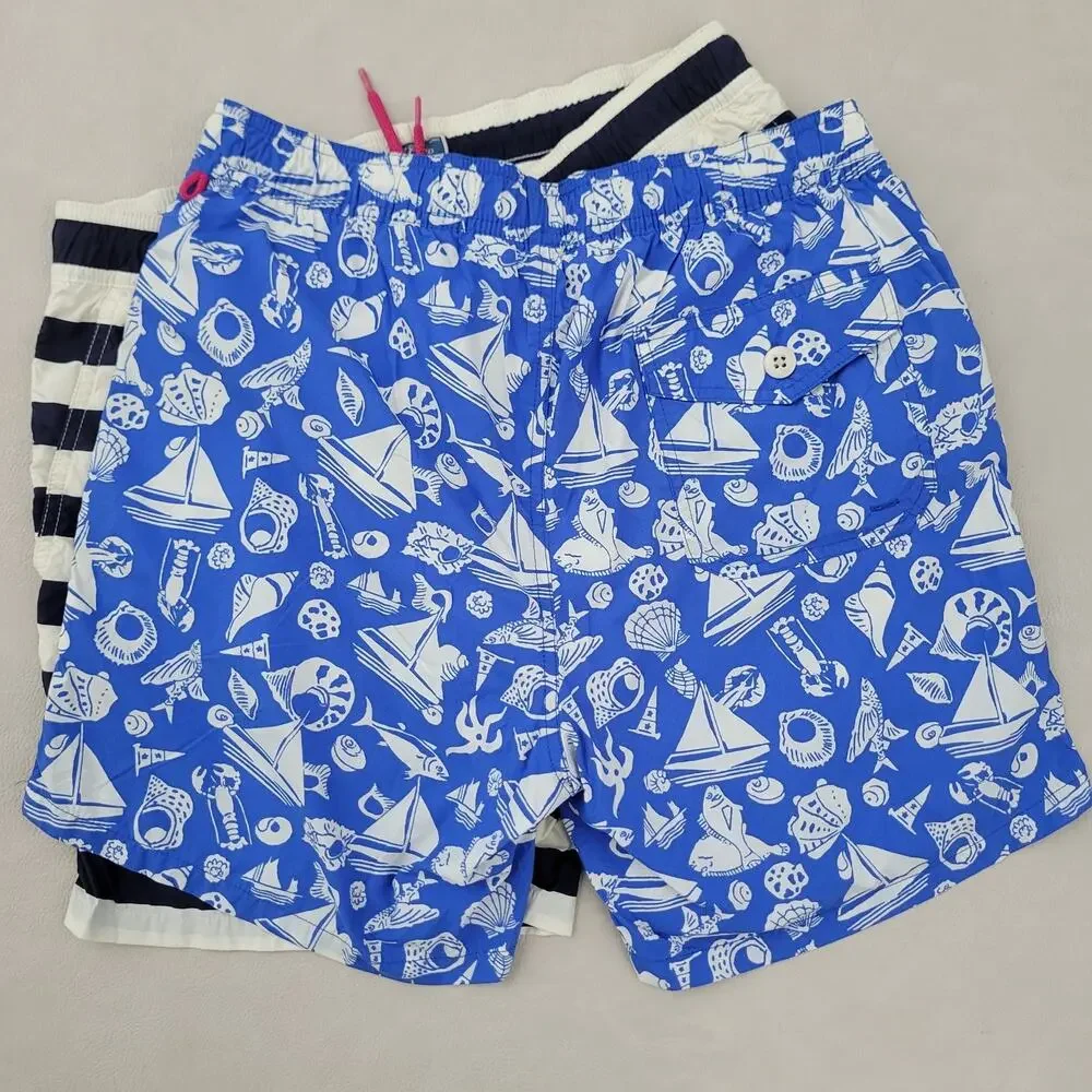 Lot (2) J Crew Swim Trunks Shorts Mens M Navy Blue Striped Mesh Lined Swimsuit